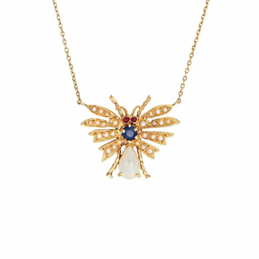 Art Déco Collier Insecte Opale, Saphir, Graine Perle, Rubis