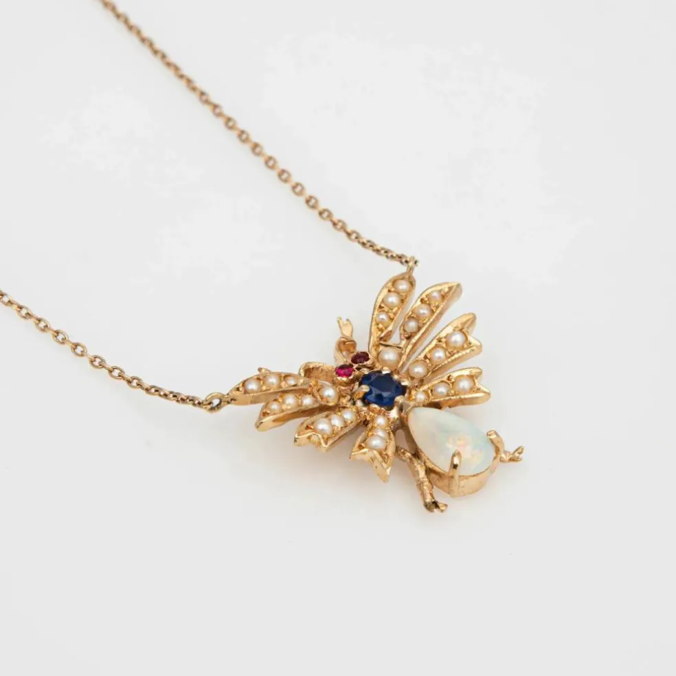 Art Déco Collier Insecte Opale, Saphir, Graine Perle, Rubis