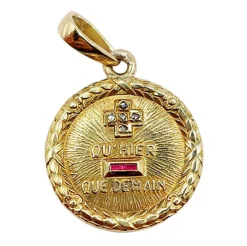 AUGIS - Pendentif médaille d'amour 15mm or, diamant et rubis, couronne de laurier (circa 1960)