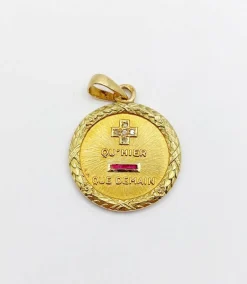 AUGIS - Pendentif médaille d'amour or jaune, diamant, rubis : + qu'hier - que demain couronne de laurier (circa 1950)