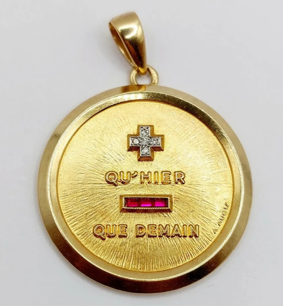 AUGIS - RARE XXL 33mm Pendentif médaille d'amour or jaune, diamant et rubis (circa 1960)