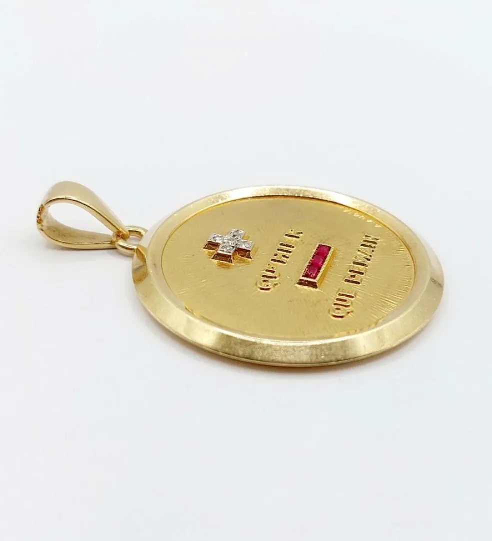 AUGIS - RARE XXL 33mm Pendentif médaille d'amour or jaune, diamant et rubis (circa 1960)