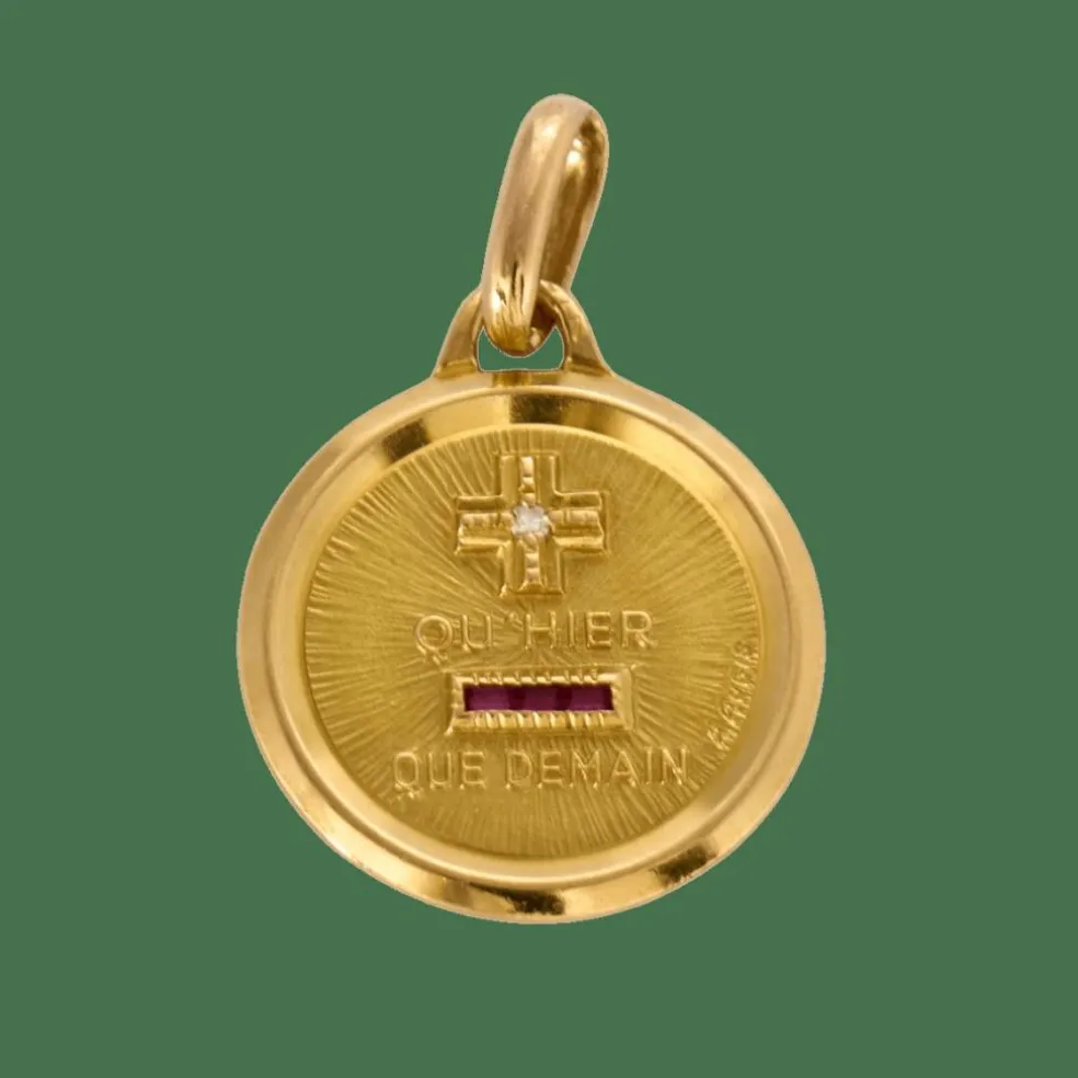 AUGIS- Ancienne Médaille d'Amour, or jaune et rubis
