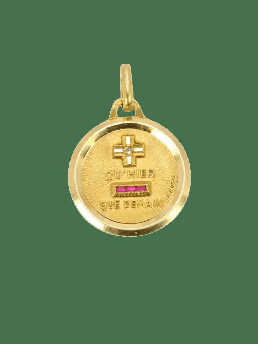 AUGIS- Médaille amour ronde Plus qu’hier moins que demain or jaune diamants rubis