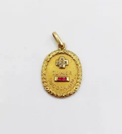 AUGIS Pendentif médaille d'amour or jaune couronne laurier diamant et rubis