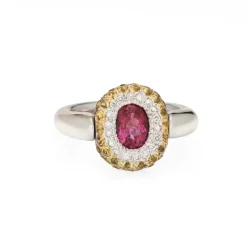 Bague à bascule en or blanc avec tourmaline rose et saphir jaune