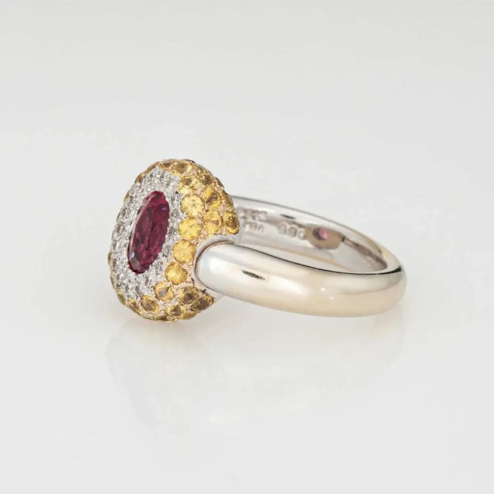 Bague à bascule en or blanc avec tourmaline rose et saphir jaune