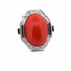 BAGUE - OR BLANC 18 KT - CABOCHON CORAIL