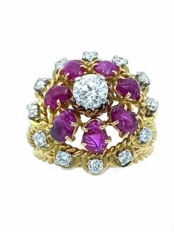Bague 1960 or jaune diamants et rubis