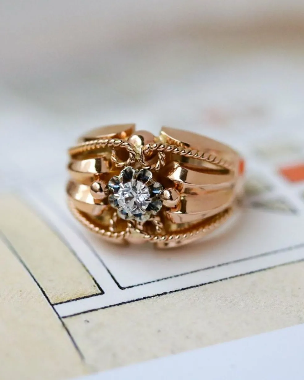 Bague 1950 Or Rose Diamant Torsade