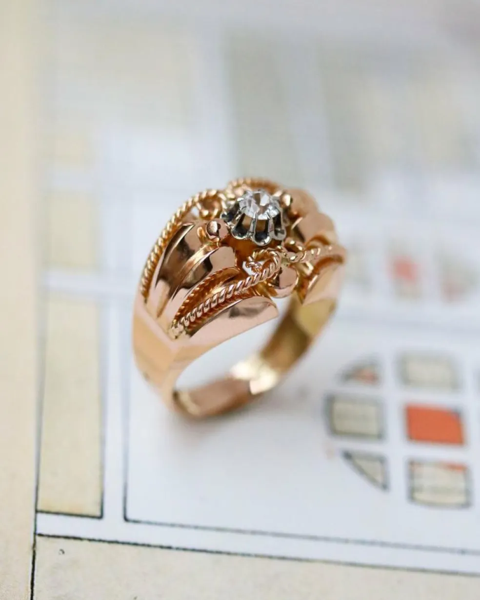 Bague 1950 Or Rose Diamant Torsade