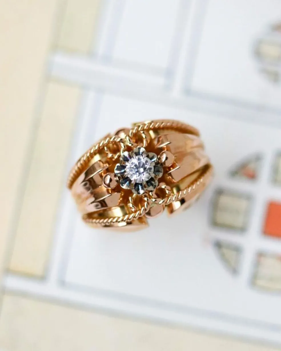 Bague 1950 Or Rose Diamant Torsade
