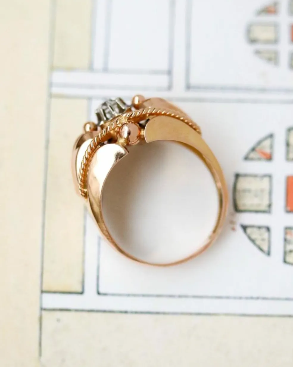 Bague 1950 Or Rose Diamant Torsade