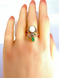 Bague 2 Ors Opale Emeraude Diamants