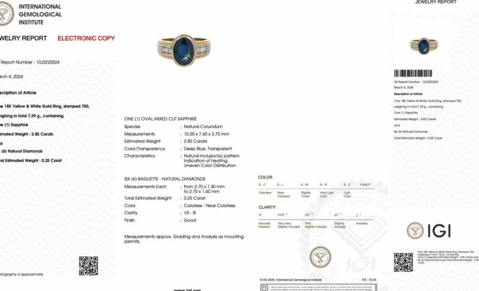 Bague 2 ors saphir 2.85ct et diamants certificat IGI