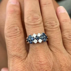 Bague 3 rangs diamants et saphirs