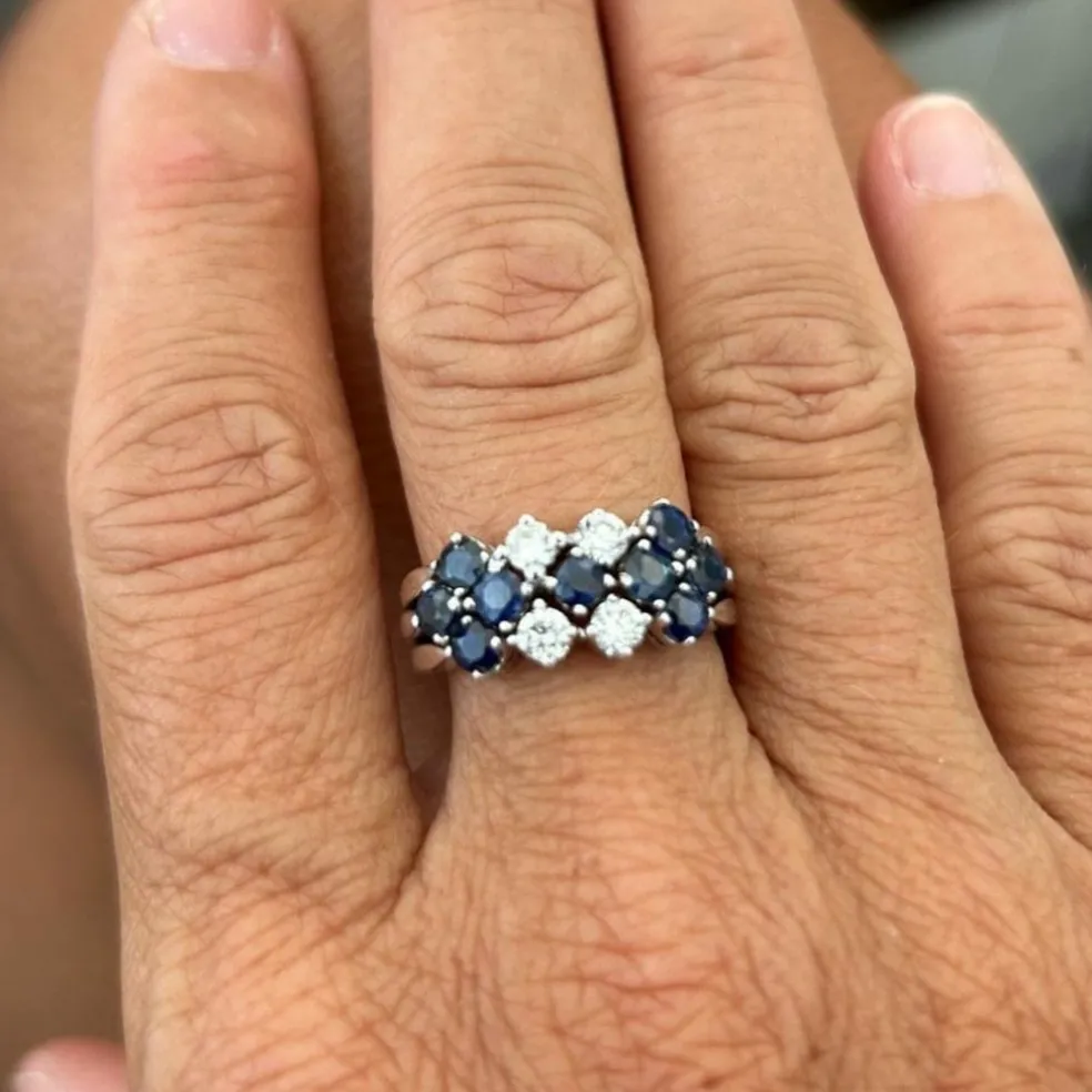 Bague 3 rangs diamants et saphirs