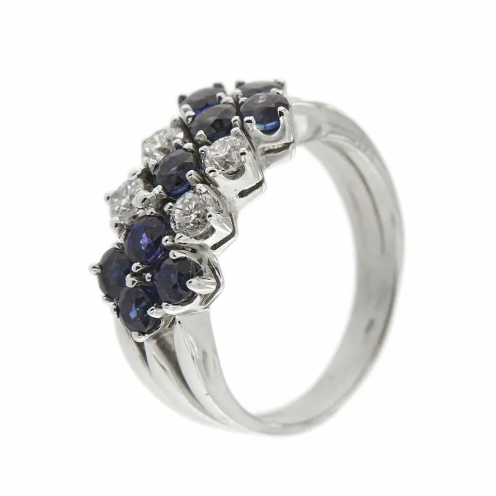 Bague 3 rangs diamants et saphirs