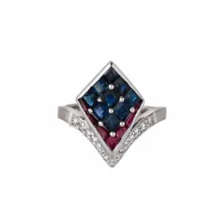 Bague aigrette en or gris diamants, saphirs, rubis