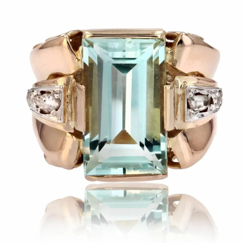 Bague aigue-marine diamants rétro