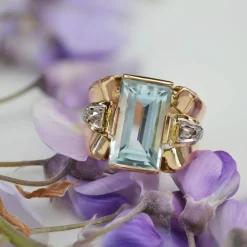 Bague aigue-marine diamants rétro