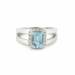 Bague Aigue-Marine Rectangle Diamants Or Gris 18 Carats