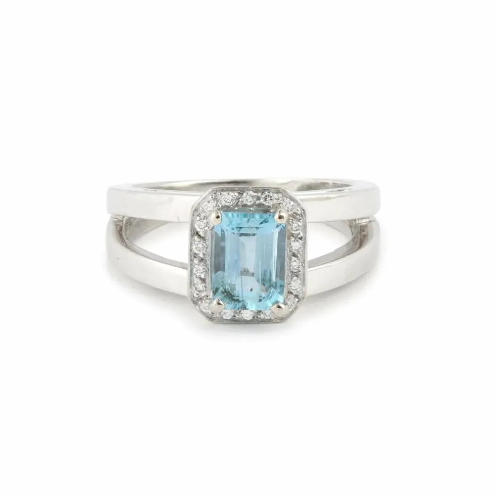 Bague Aigue-Marine Rectangle Diamants Or Gris 18 Carats