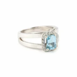Bague Aigue-Marine Rectangle Diamants Or Gris 18 Carats