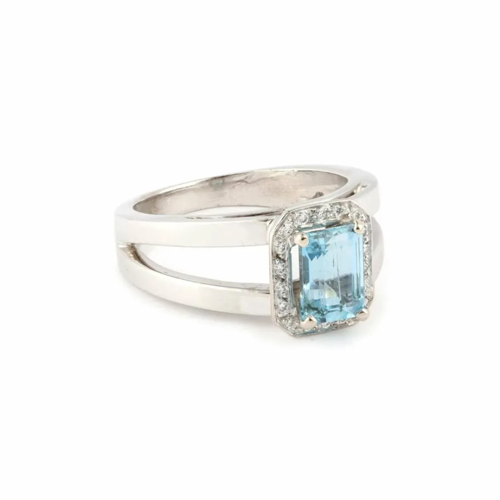 Bague Aigue-Marine Rectangle Diamants Or Gris 18 Carats