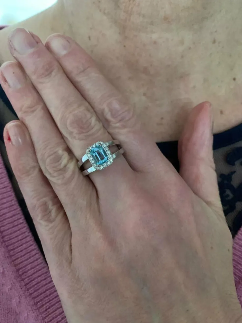 Bague Aigue-Marine Rectangle Diamants Or Gris 18 Carats