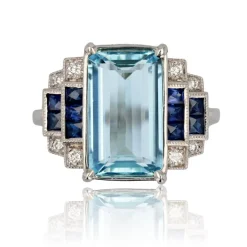 Bague aigue-marine saphirs et diamants style art déco