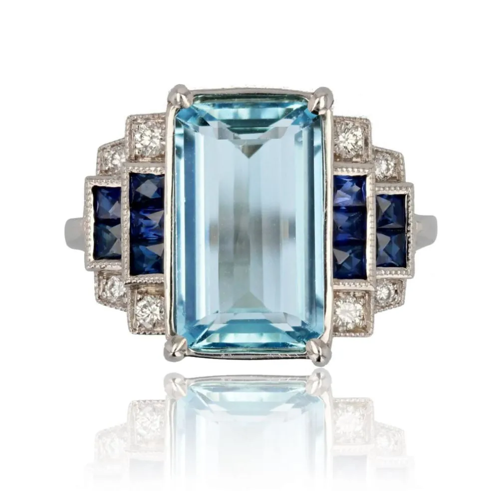 Bague aigue-marine saphirs et diamants style art déco