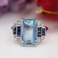Bague aigue-marine saphirs et diamants style art déco
