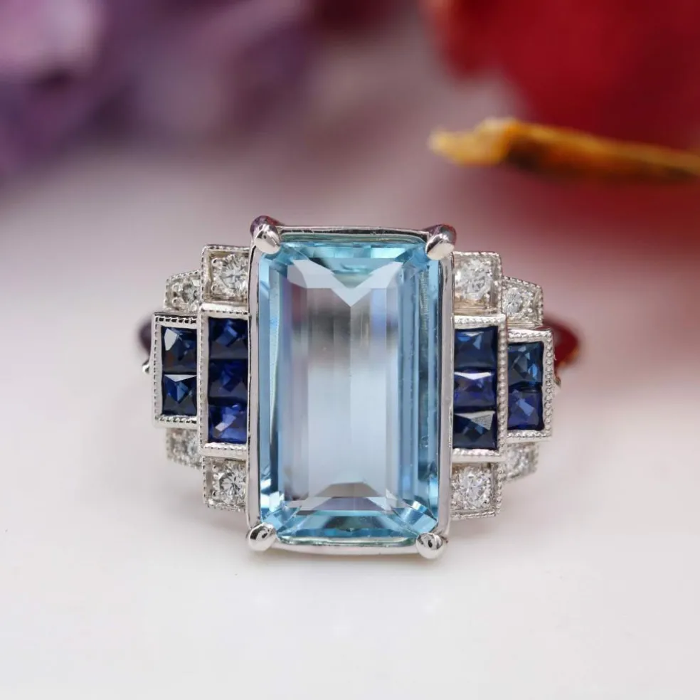 Bague aigue-marine saphirs et diamants style art déco