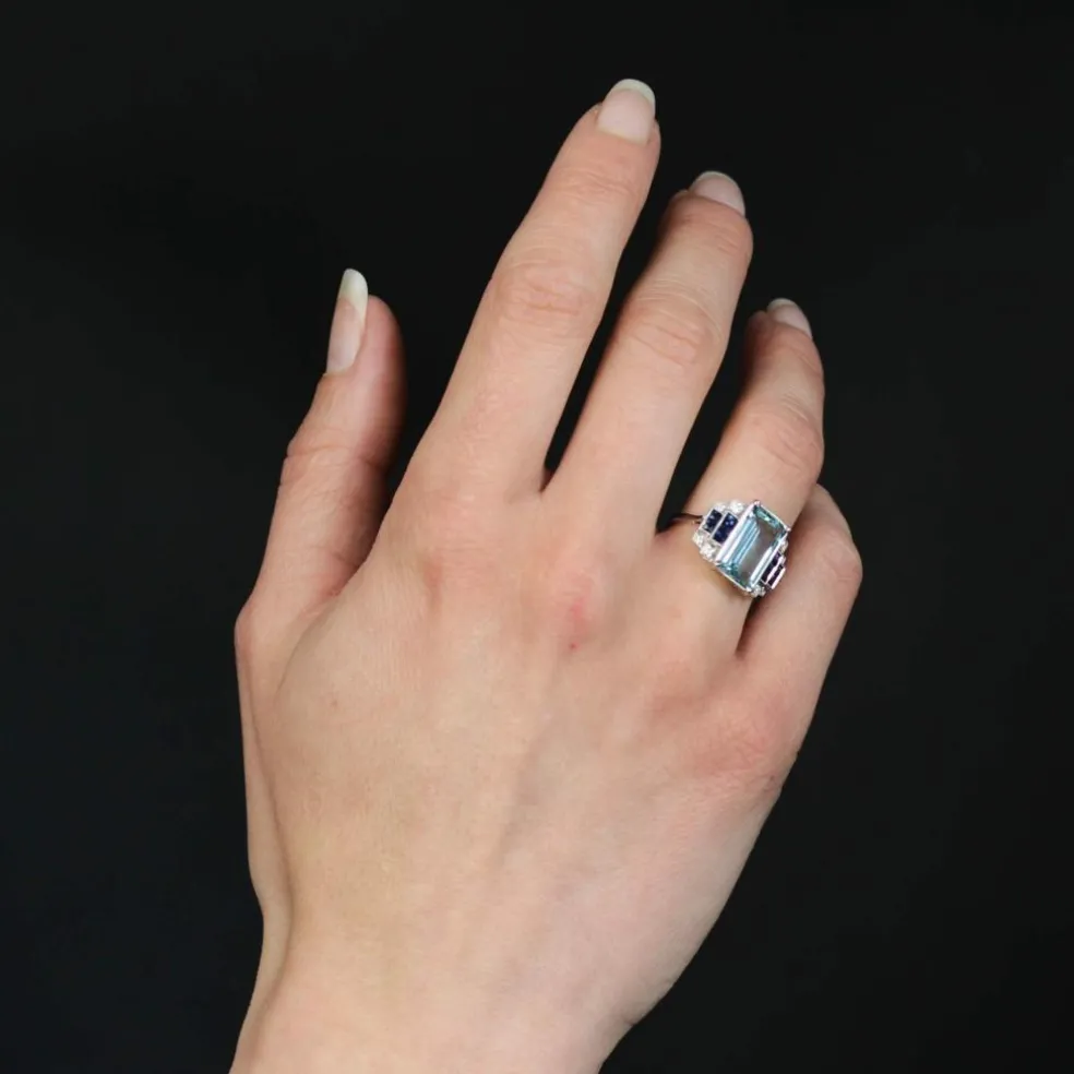 Bague aigue-marine saphirs et diamants style art déco