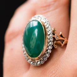 Bague ancienne agate verte et diamants taillés en rose