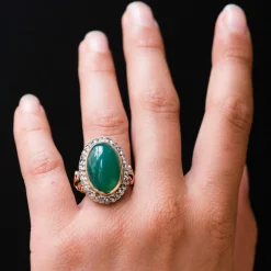 Bague ancienne agate verte et diamants taillés en rose