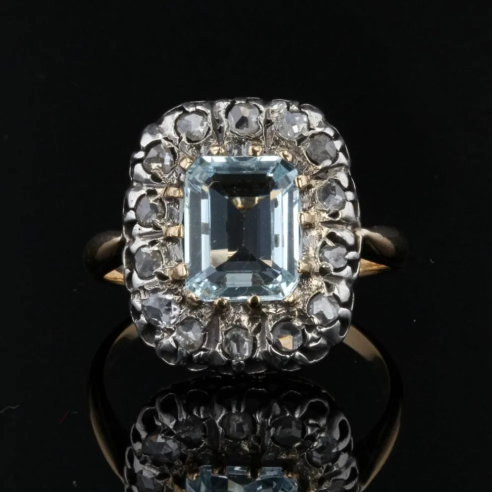 Bague ancienne aiguemarine diamants