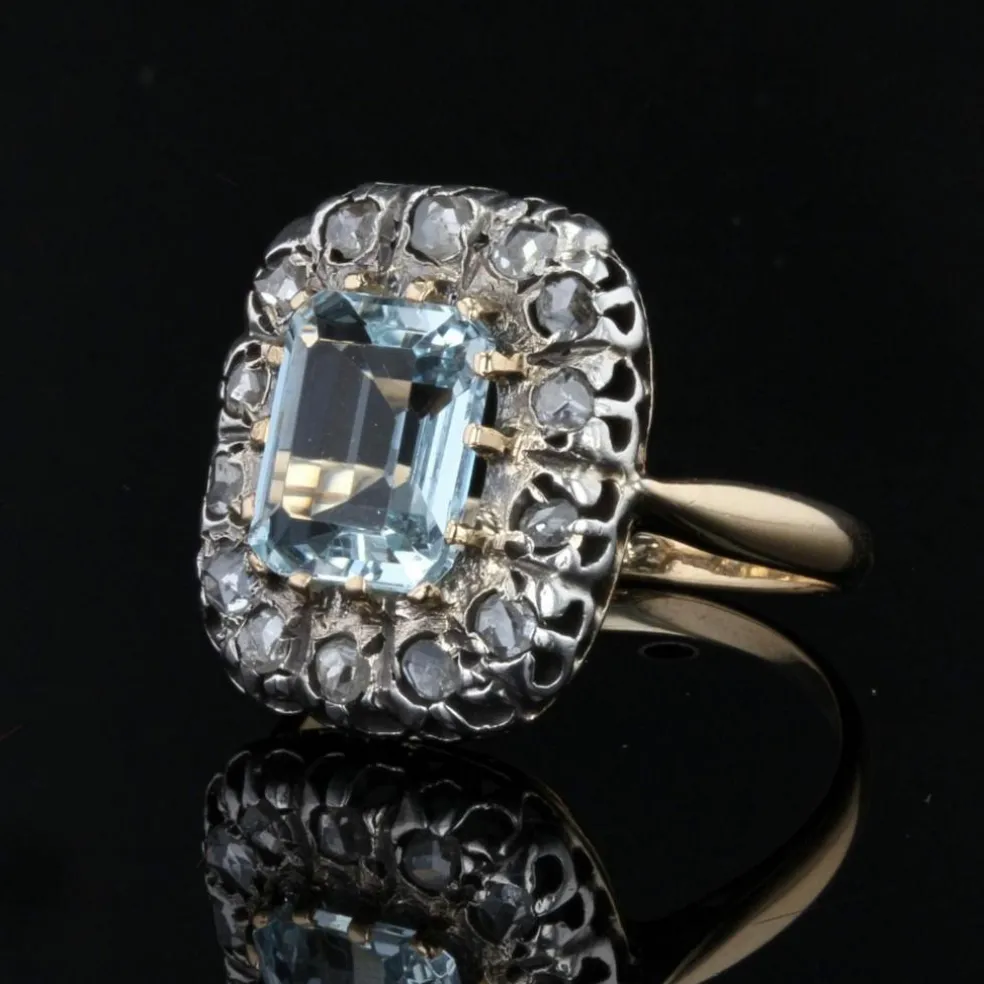 Bague ancienne aiguemarine diamants