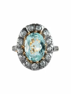 Bague ancienne Argent, Aigue Marine et Diamants