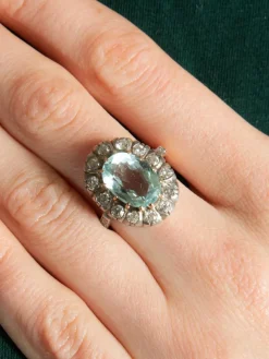Bague ancienne Argent, Aigue Marine et Diamants