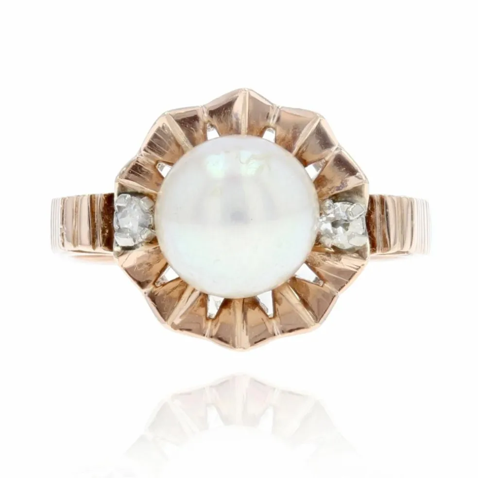 Bague ancienne couronne perle et diamants