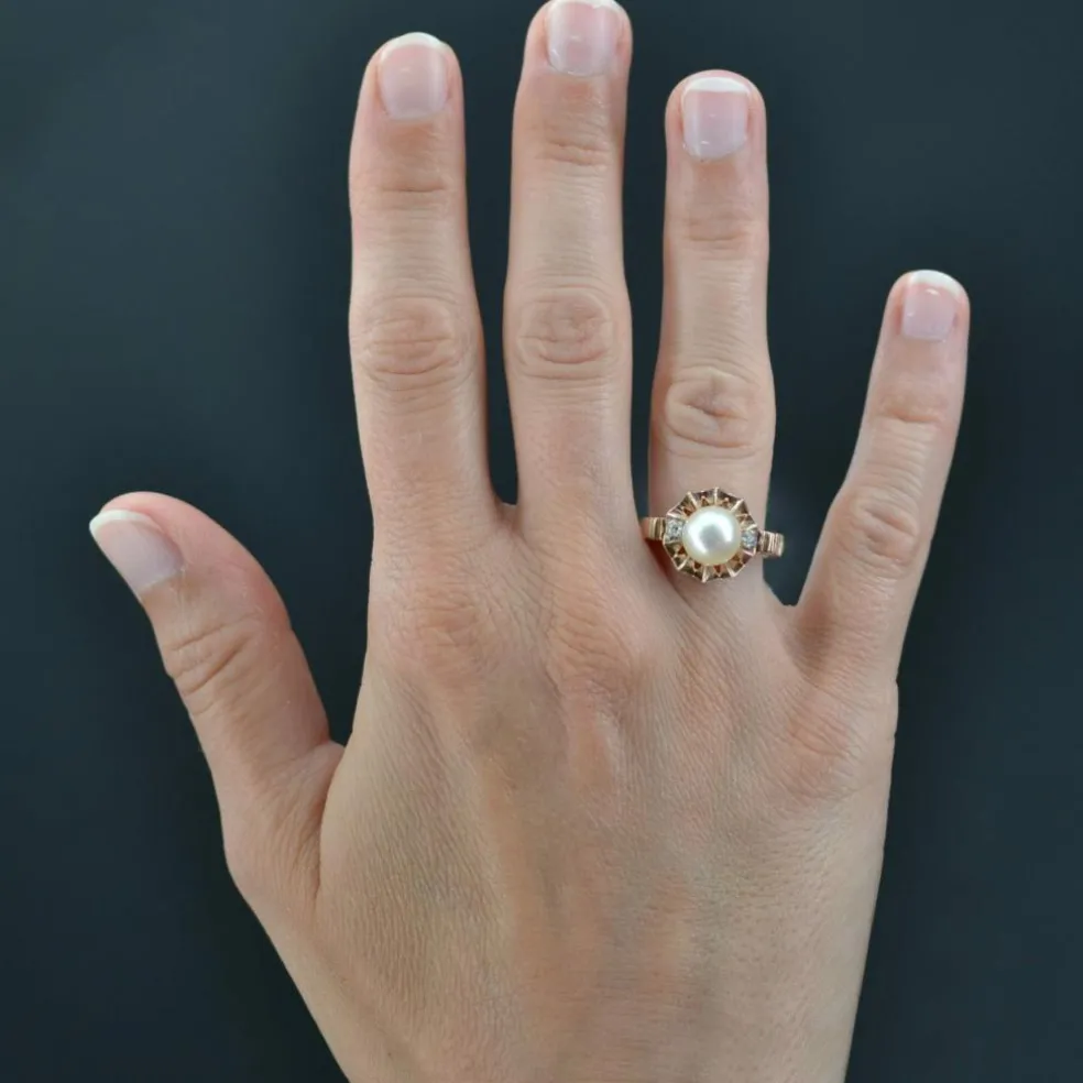 Bague ancienne couronne perle et diamants