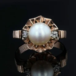 Bague ancienne couronne perle et diamants