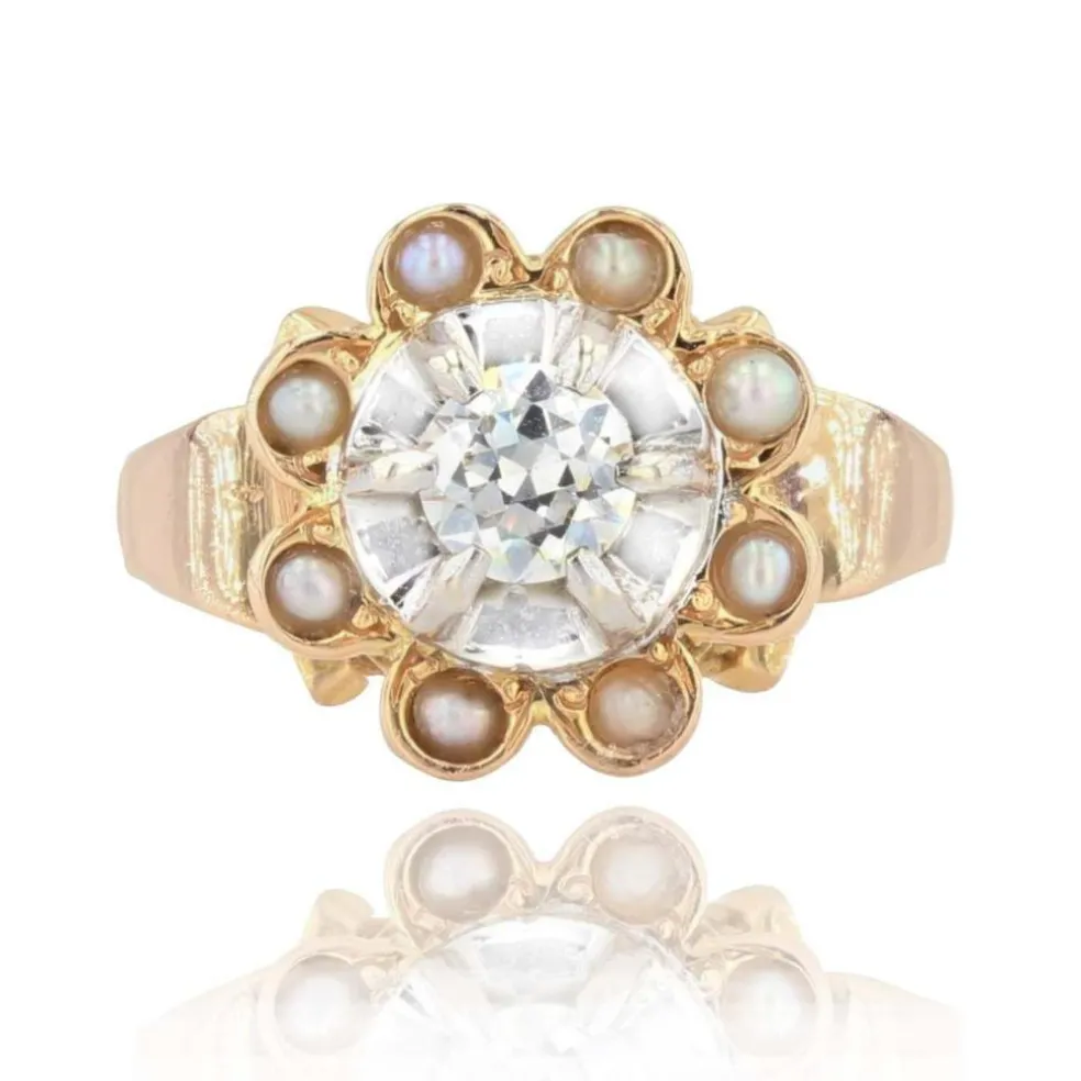 Bague ancienne diamants entourée de perles