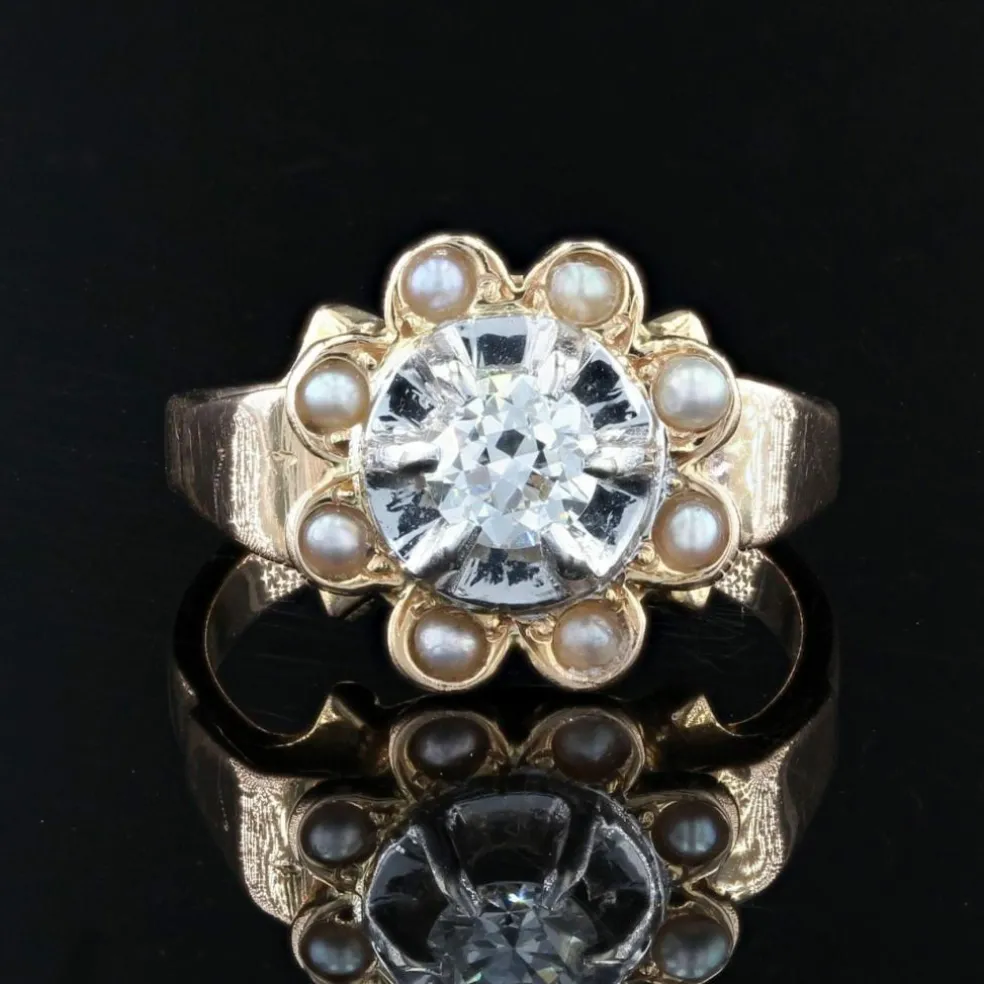 Bague ancienne diamants entourée de perles