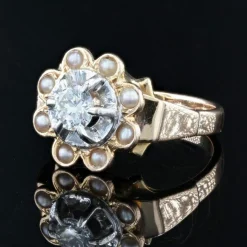 Bague ancienne diamants entourée de perles