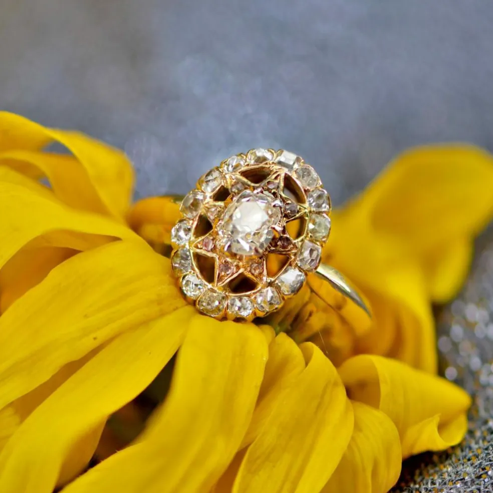 Bague ancienne diamants pompadour étoilée