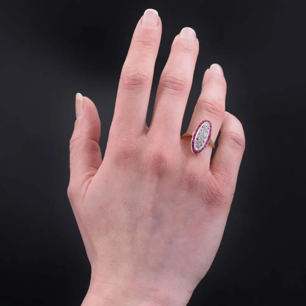 Bague ancienne diamants rubis navette