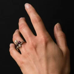 Bague ancienne duchesse rubis diamants et perle fine